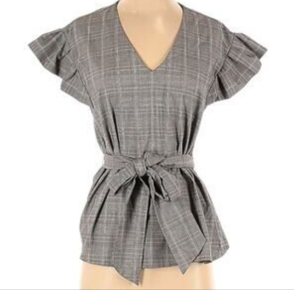 Worthington Gray Glen Plaid Belted Ruffled Short Sleeve Top Sz L EUC